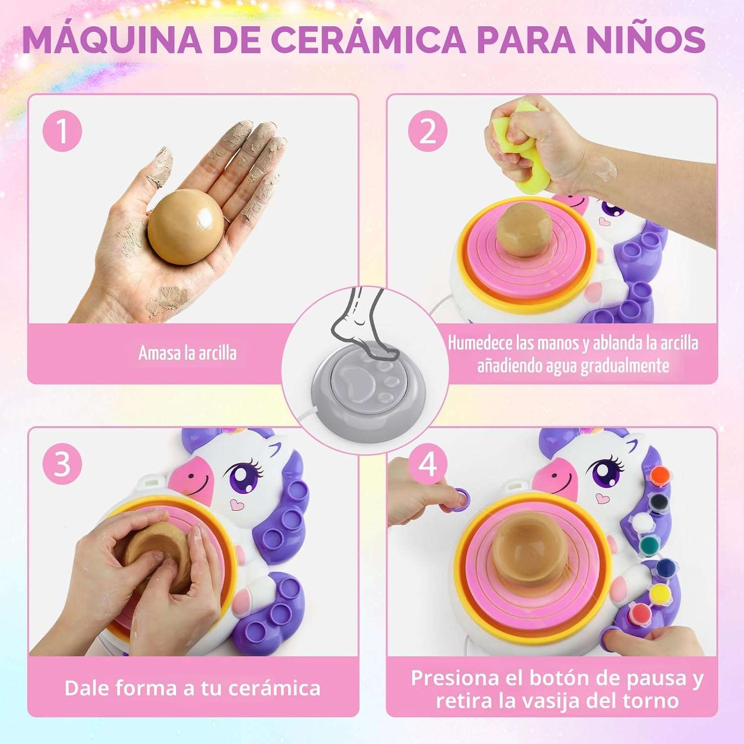 rueda de alfarería infantil con arcilla y pinturas para manualidades de cerámica en niños