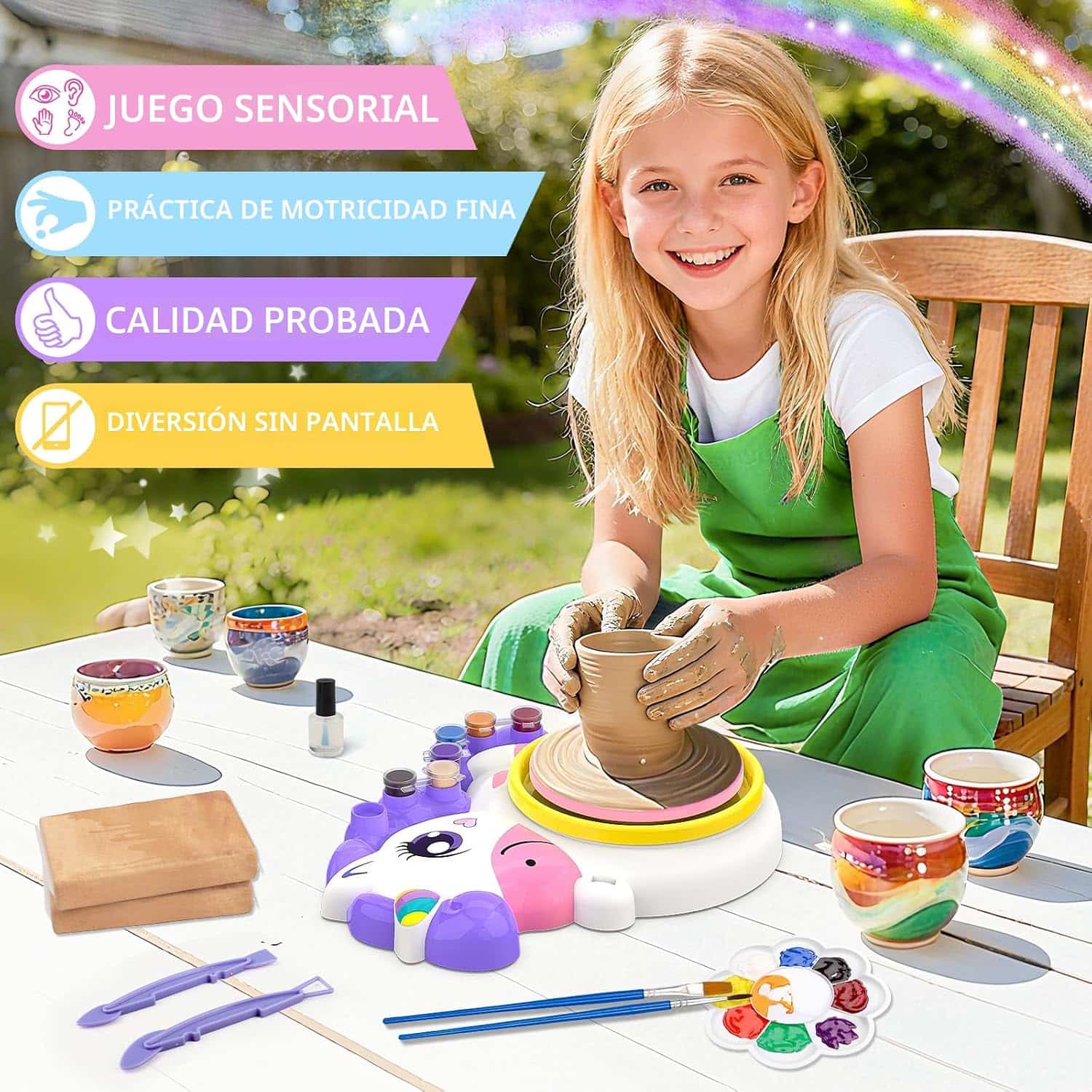rueda de alfarería infantil con arcilla y pinturas para manualidades de cerámica en niños