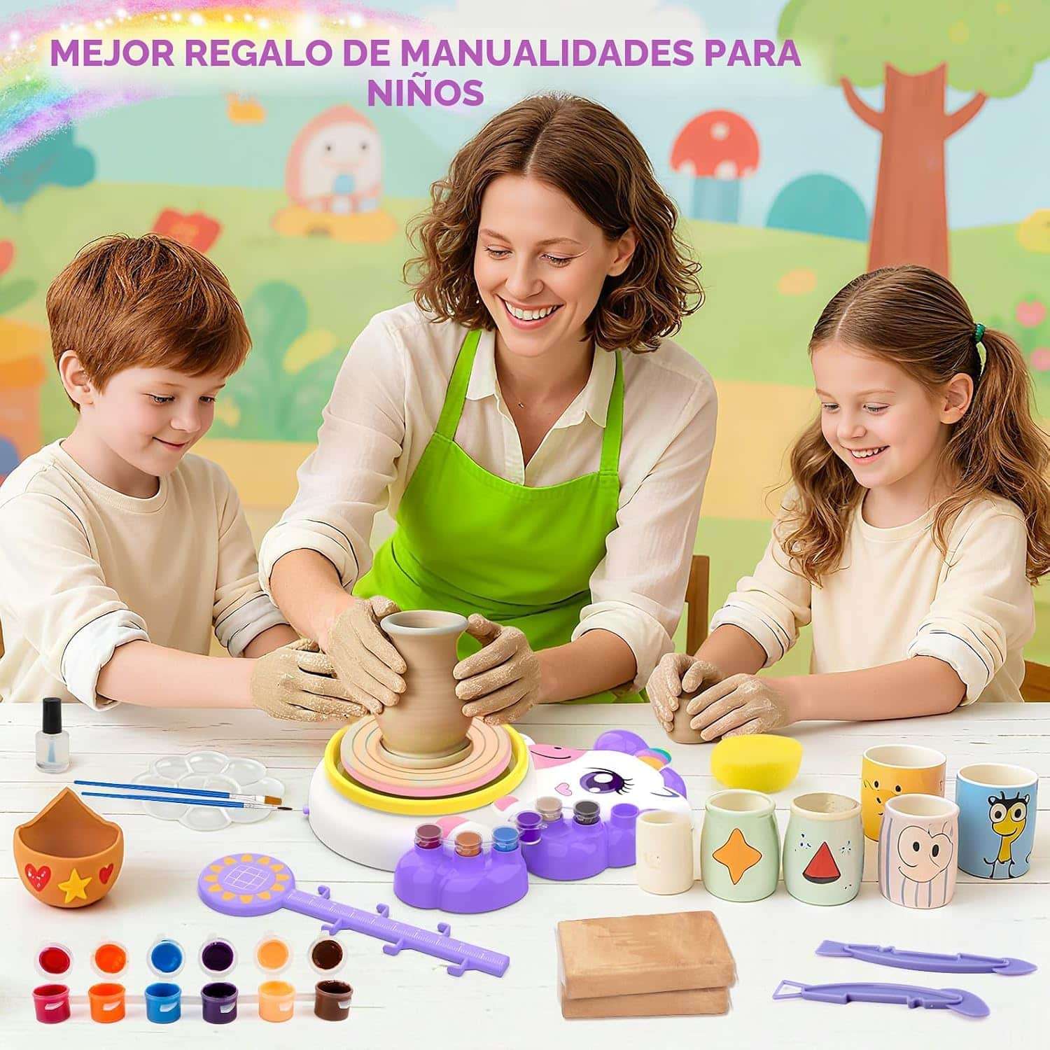 rueda de alfarería infantil con arcilla y pinturas para manualidades de cerámica en niños