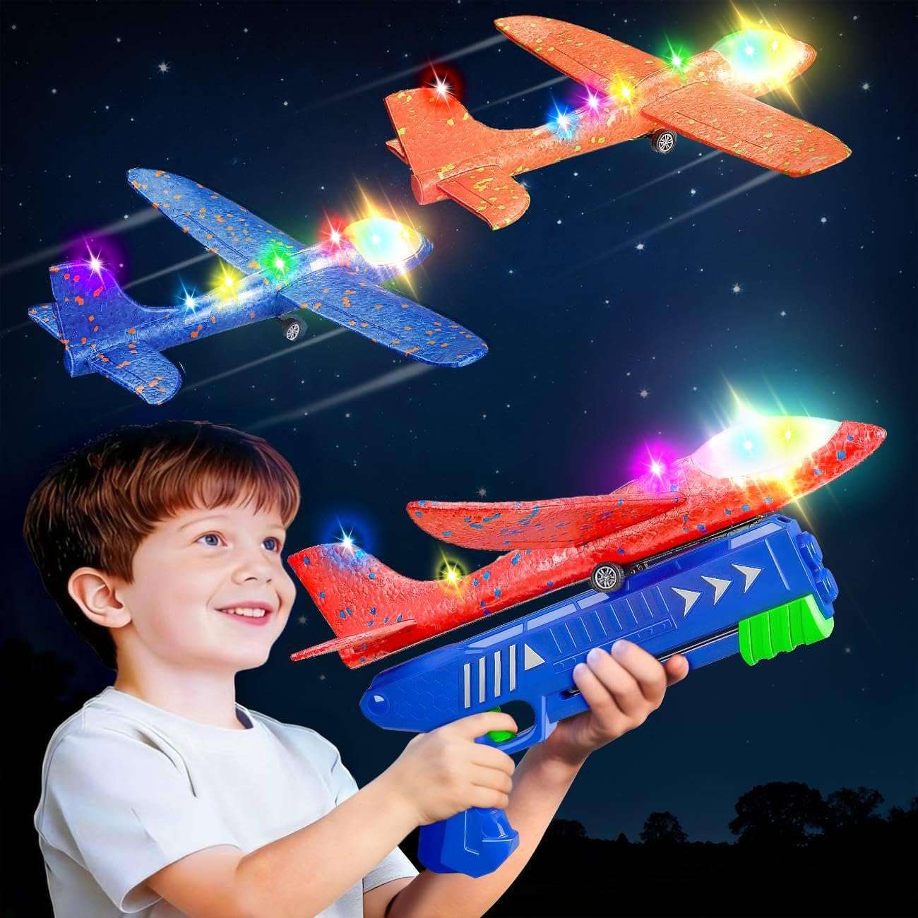 lanzador de avión de espuma con luz led y tres aviones de colores para juegos al aire libre