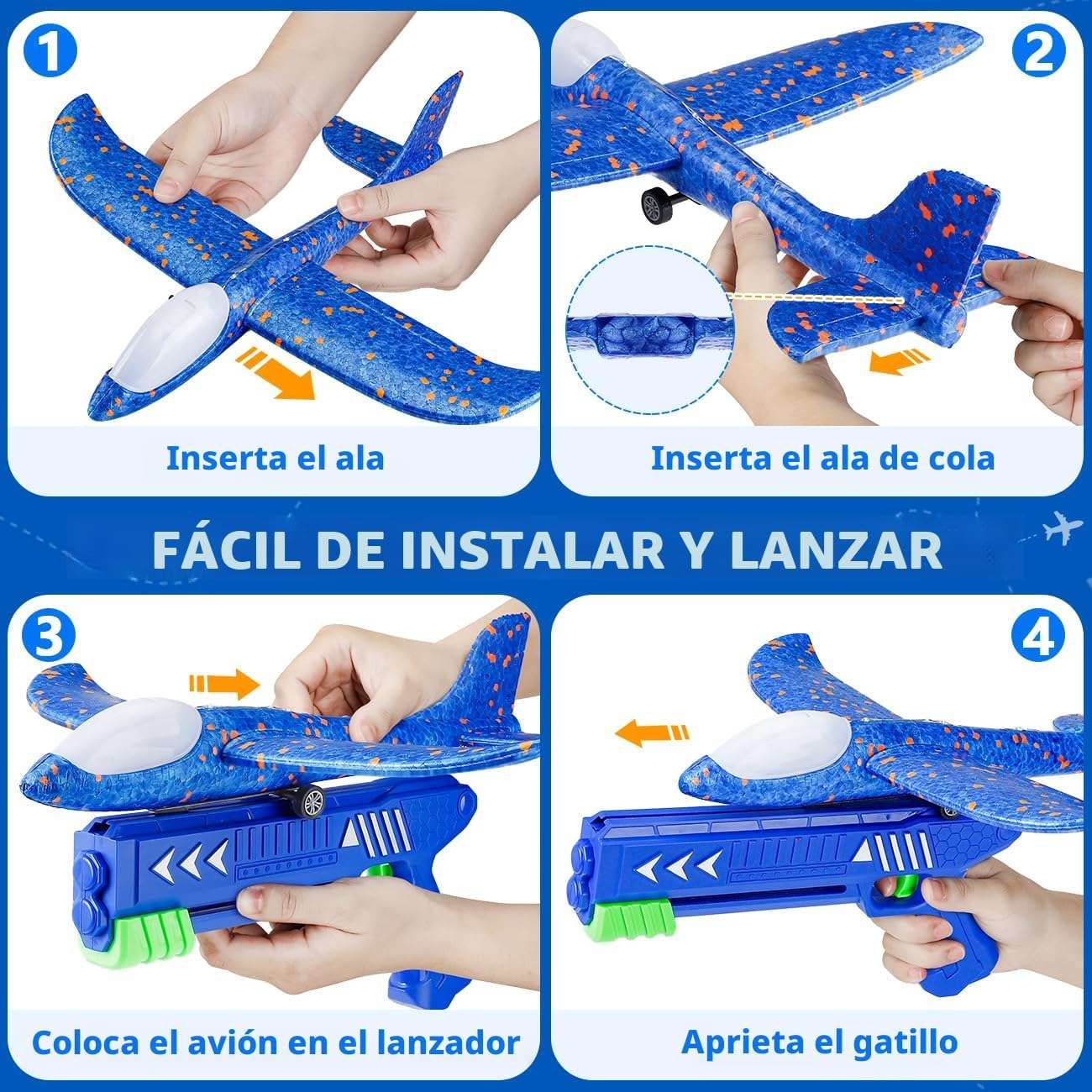 lanzador de avión de espuma con luz led y tres aviones de colores para juegos al aire libre