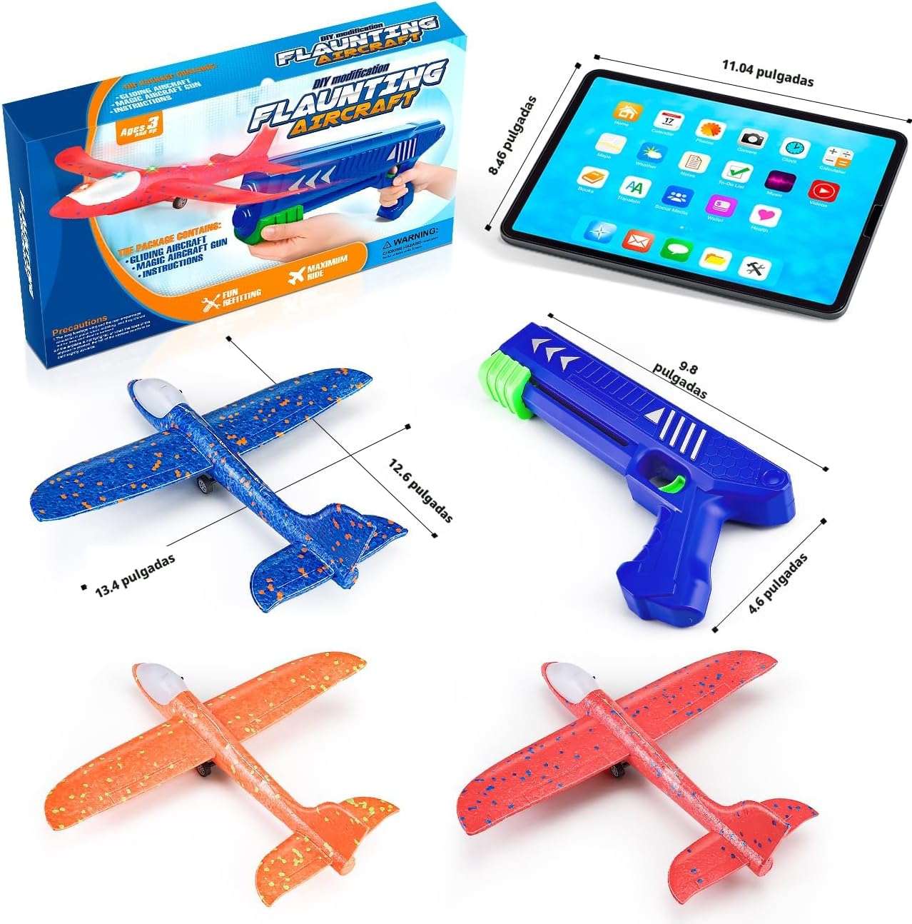 lanzador de avión de espuma con luz led y tres aviones de colores para juegos al aire libre
