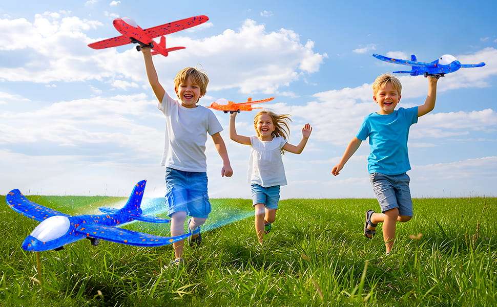 lanzador de avión de espuma con luz led y tres aviones de colores para juegos al aire libre