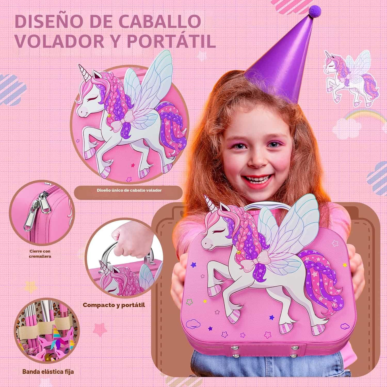 maletín de maquillaje infantil lavable con diseño de caballo volador y accesorios para niñas
