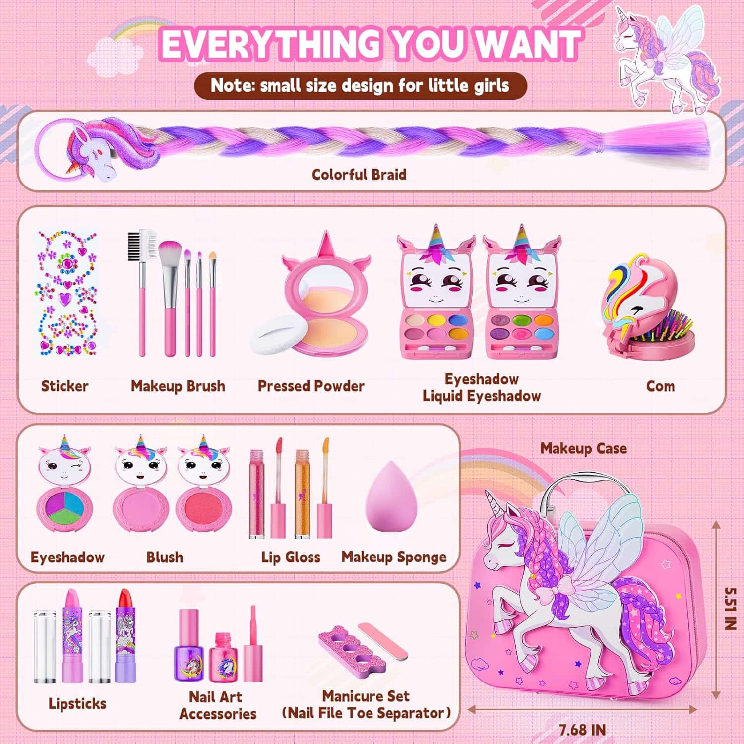 maletín de maquillaje infantil lavable con diseño de caballo volador y accesorios para niñas