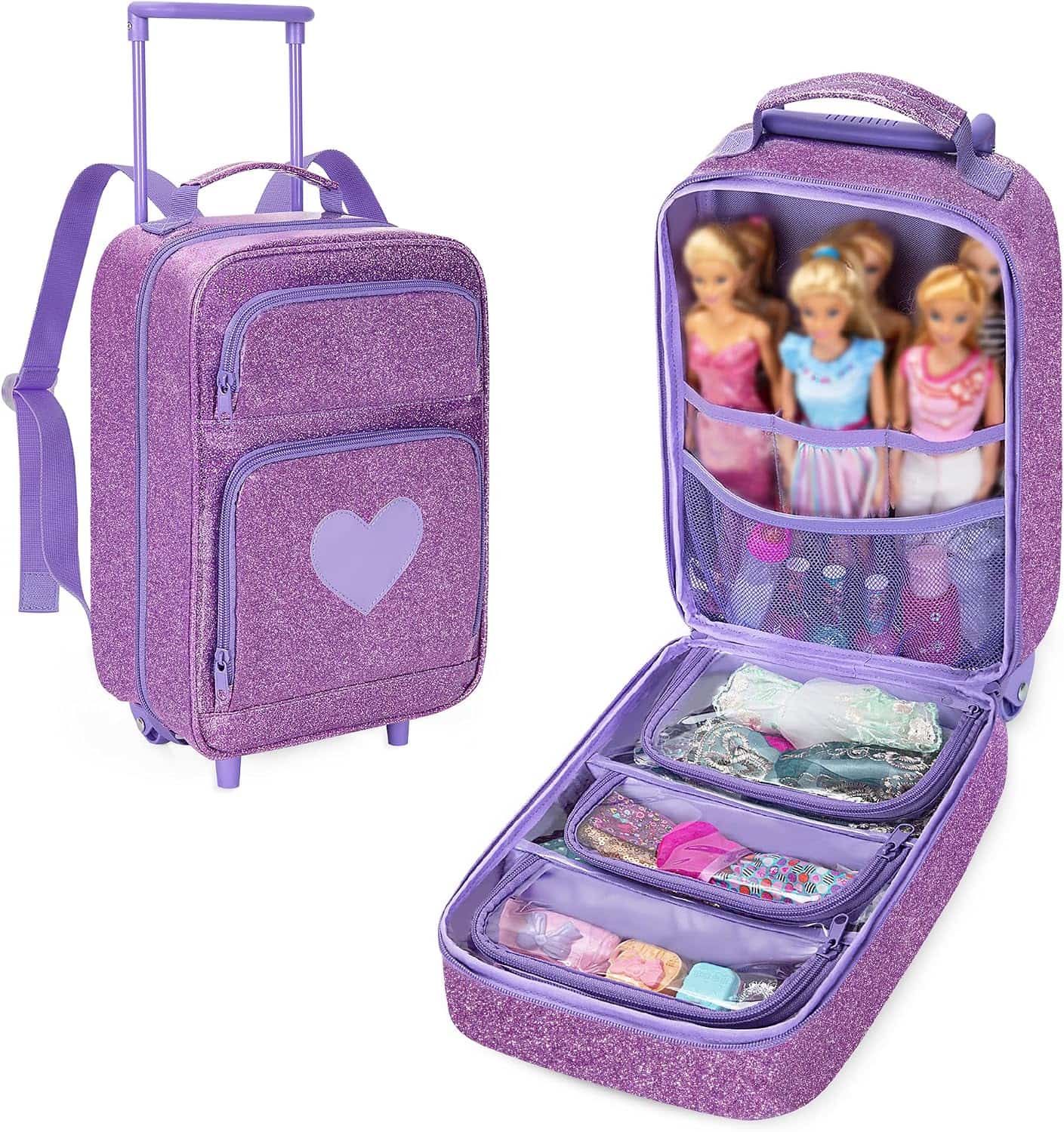 mochila de viaje con ruedas y compartimentos transparentes para muñecas