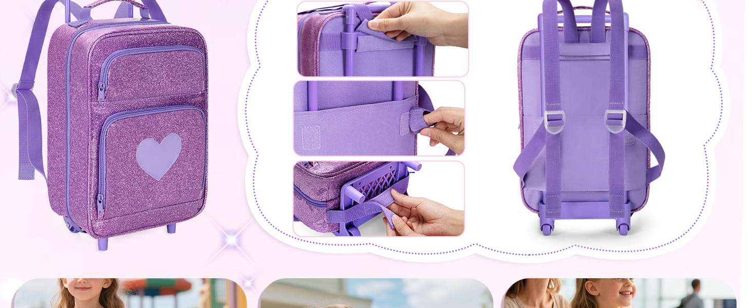 mochila de viaje con ruedas y compartimentos transparentes para muñecas