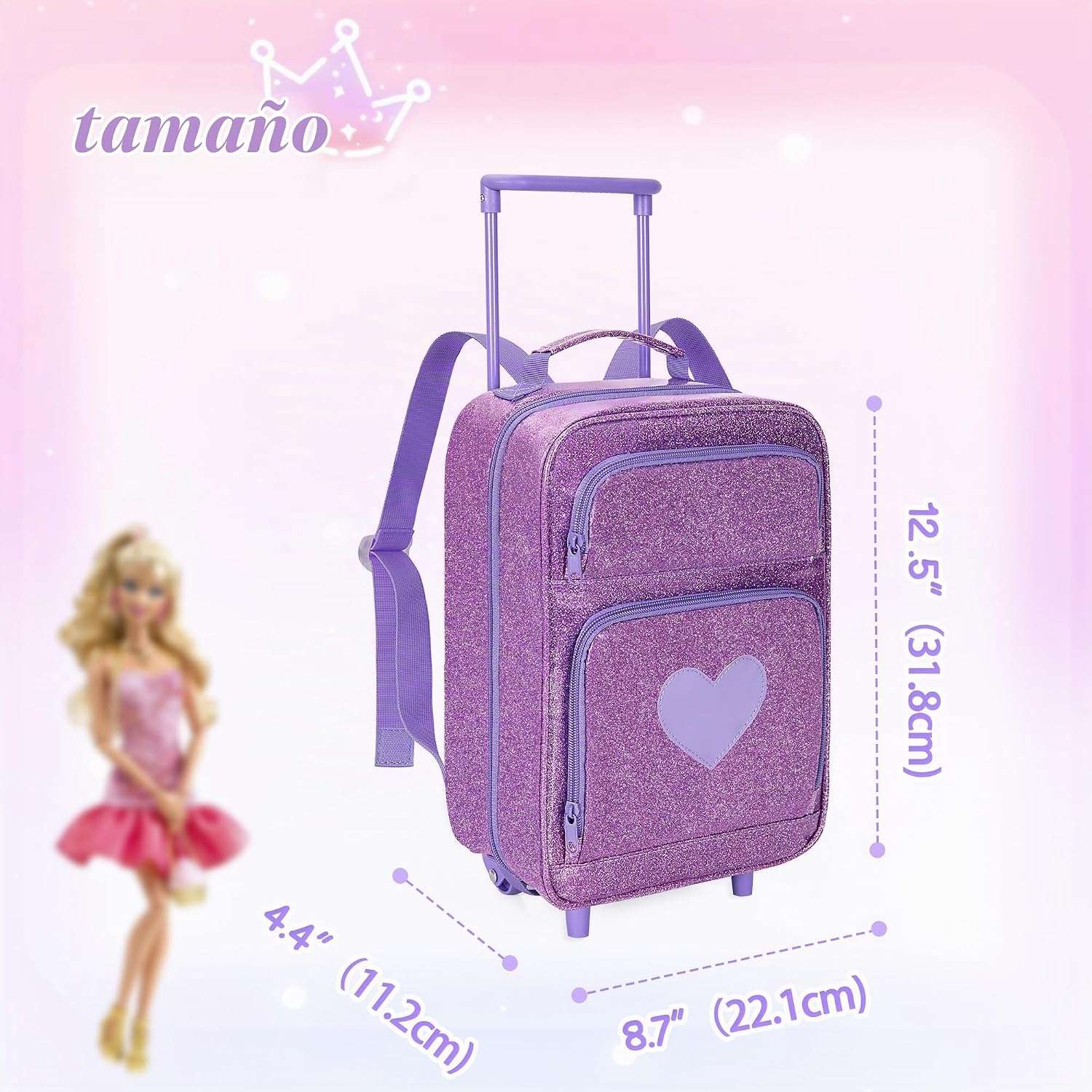 mochila de viaje con ruedas y compartimentos transparentes para muñecas