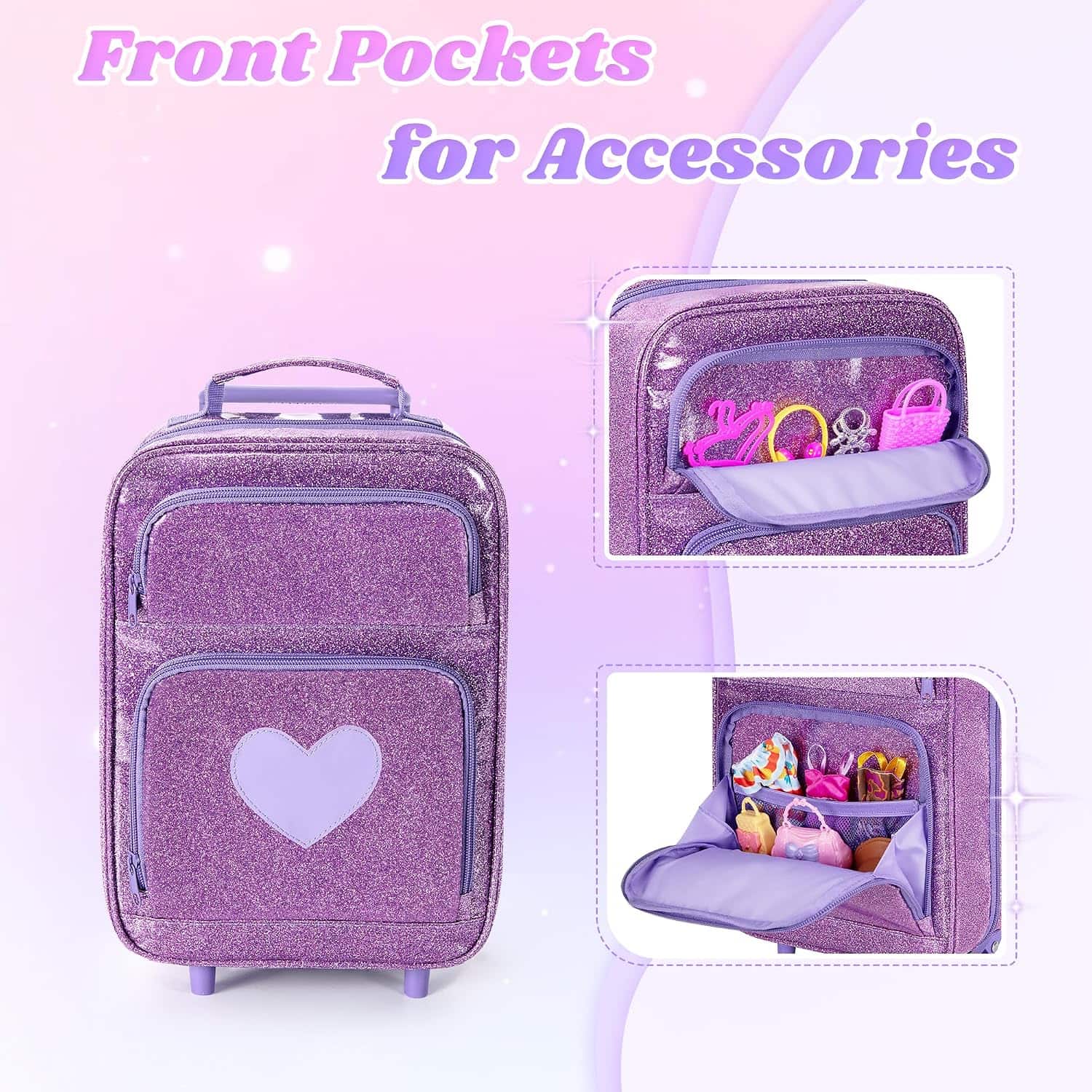 mochila de viaje con ruedas y compartimentos transparentes para muñecas