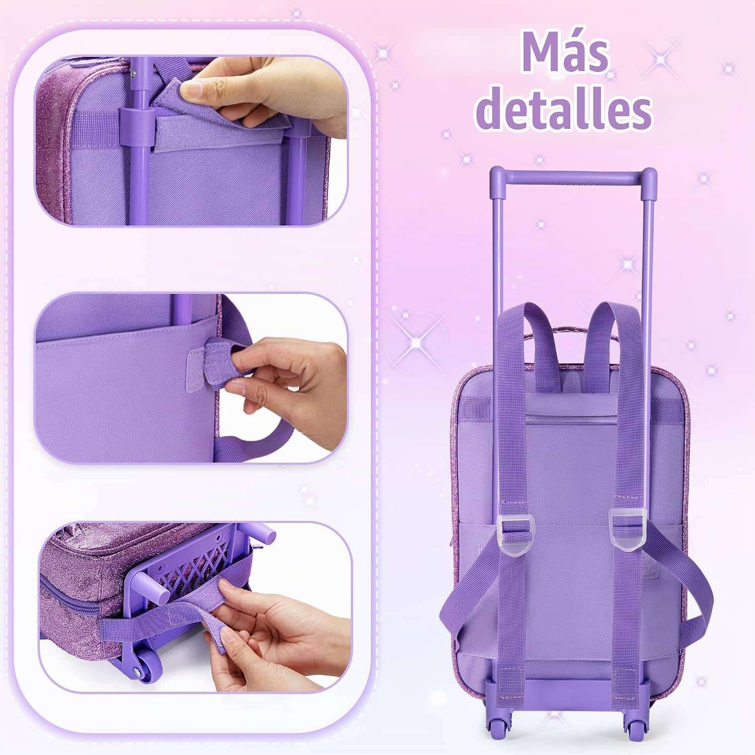 mochila de viaje con ruedas y compartimentos transparentes para muñecas