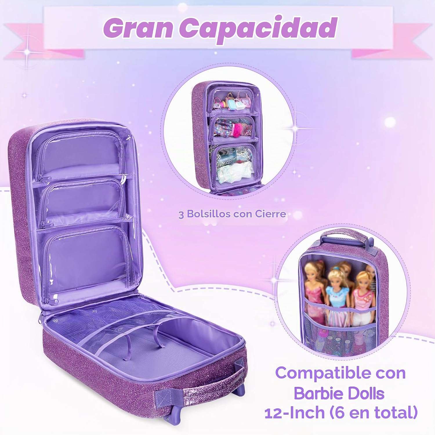 mochila de viaje con ruedas y compartimentos transparentes para muñecas