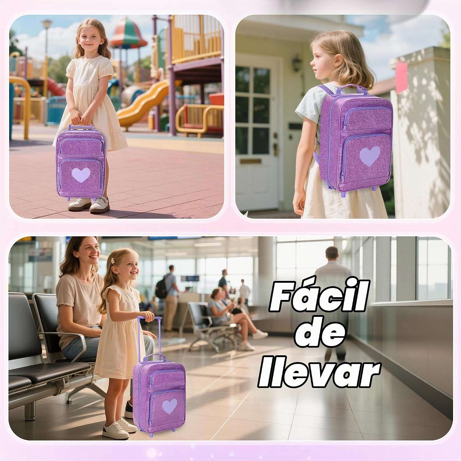 mochila de viaje con ruedas y compartimentos transparentes para muñecas