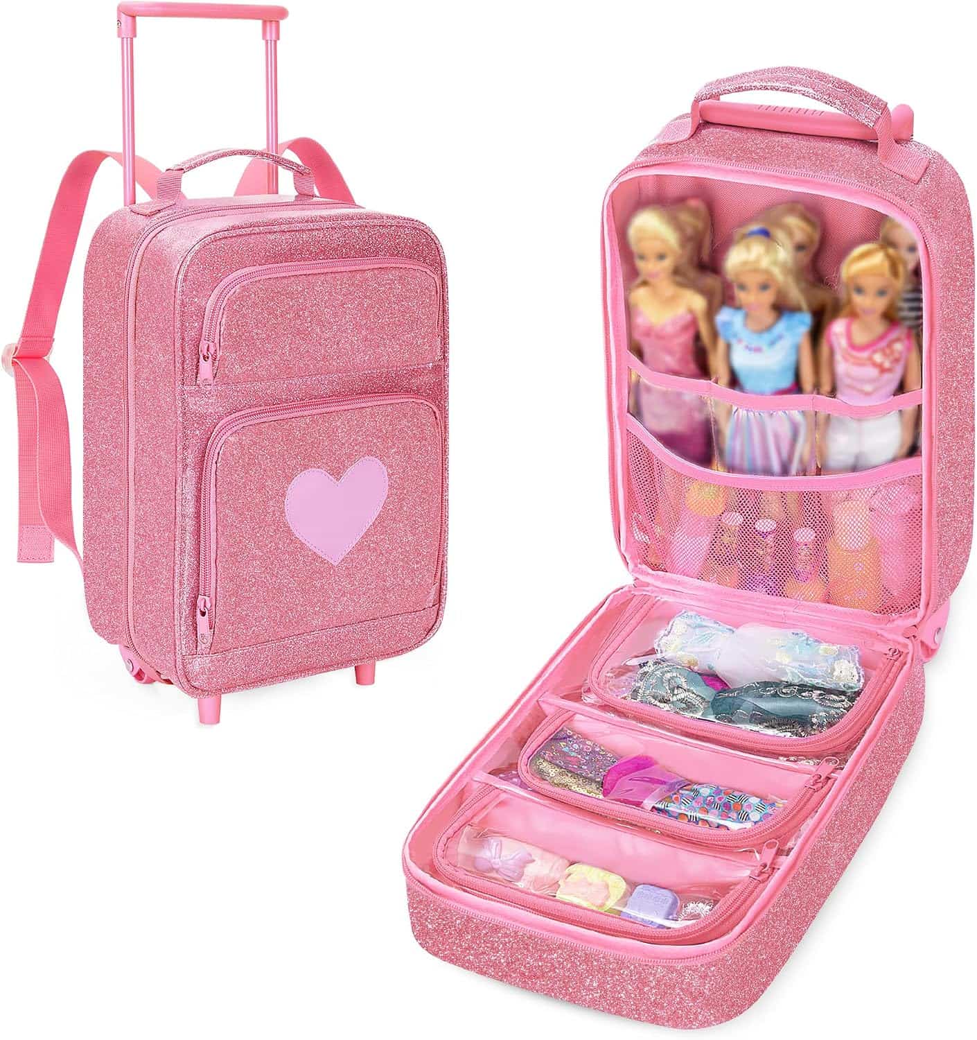 mochila de viaje con ruedas y compartimentos transparentes para muñecas