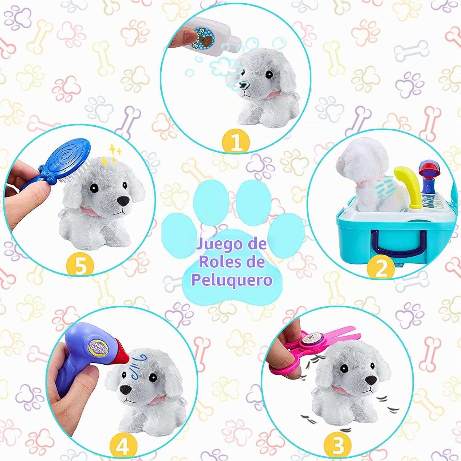 maletín veterinario de juguete con perrito de peluche, mochila y accesorios