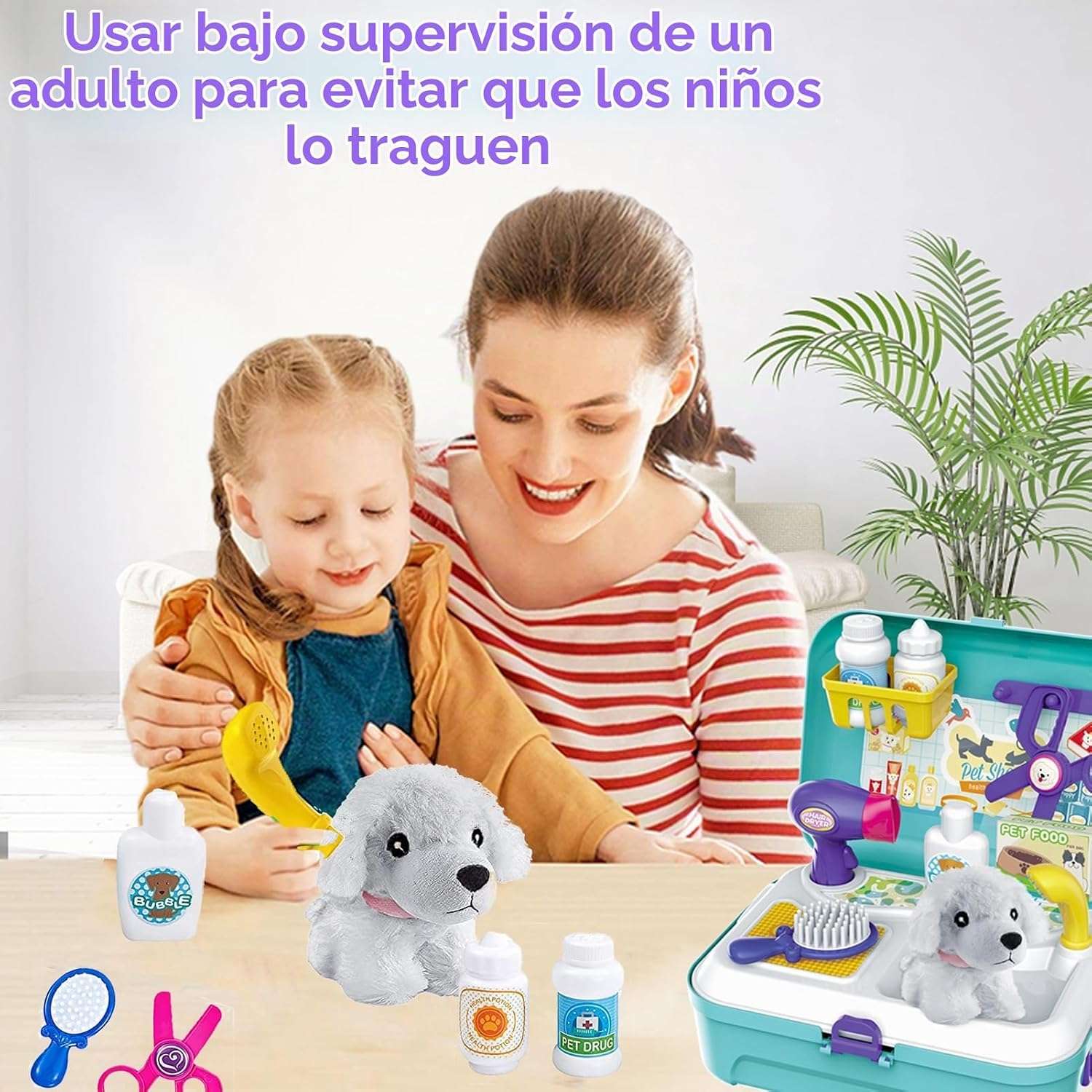 maletín veterinario de juguete con perrito de peluche, mochila y accesorios