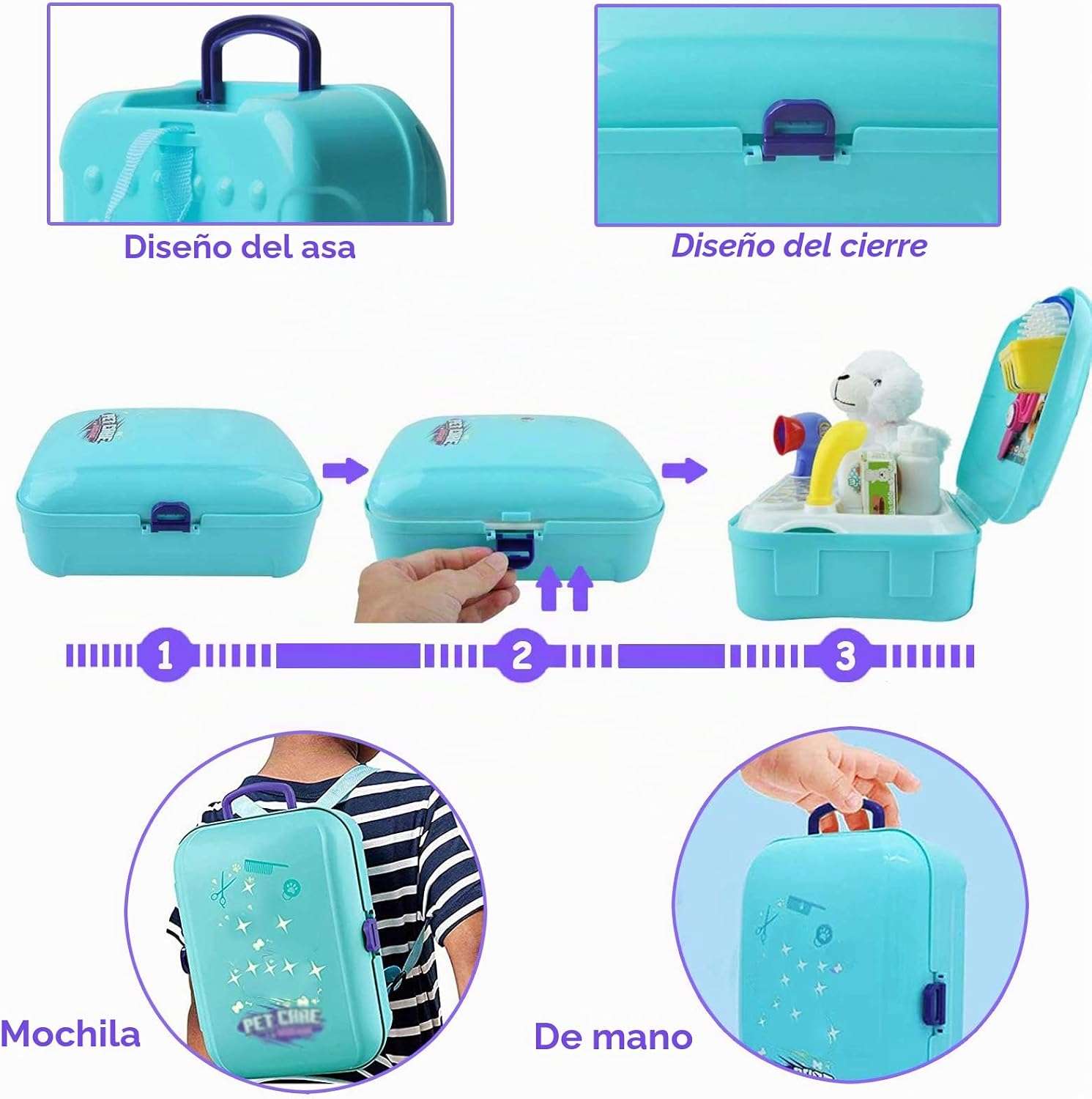 maletín veterinario de juguete con perrito de peluche, mochila y accesorios