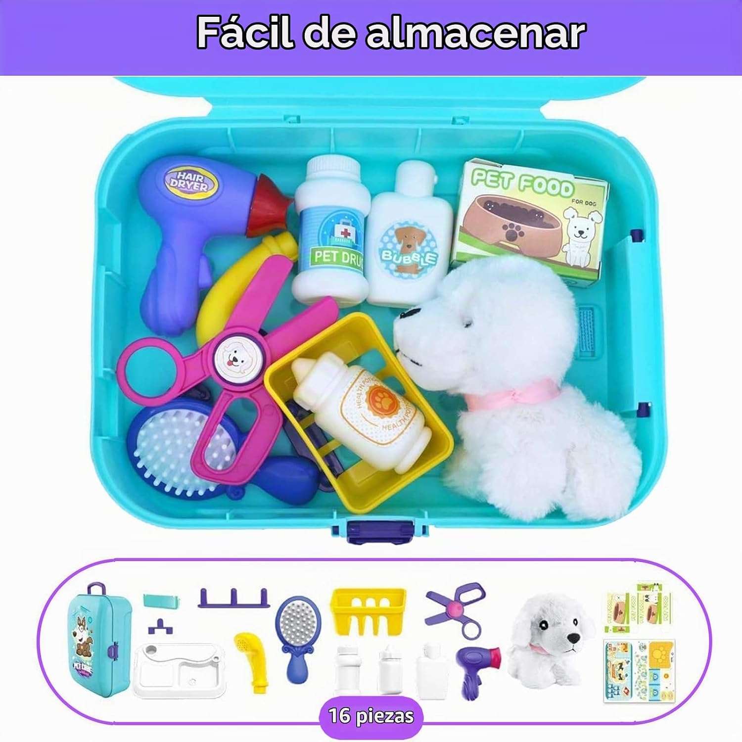 maletín veterinario de juguete con perrito de peluche, mochila y accesorios