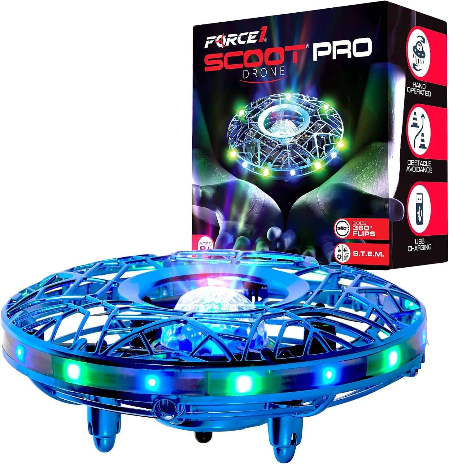 mini dron de mano operado por sensores con luces led y carcasa protectora de malla Force1 Scoot