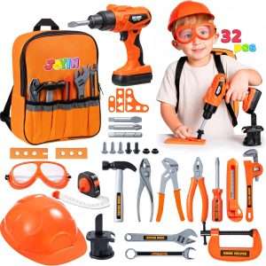 mochila de herramientas de juguete con taladro eléctrico, casco y accesorios para niños