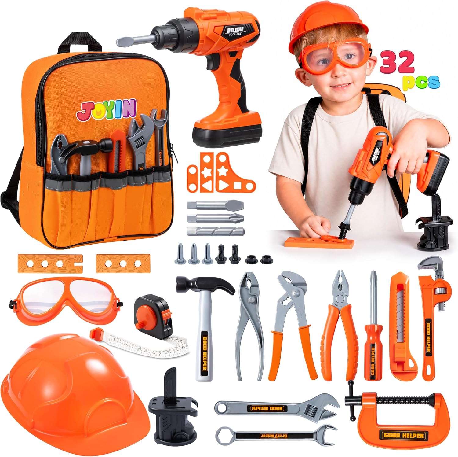 mochila de herramientas de juguete con taladro eléctrico, casco y accesorios para niños