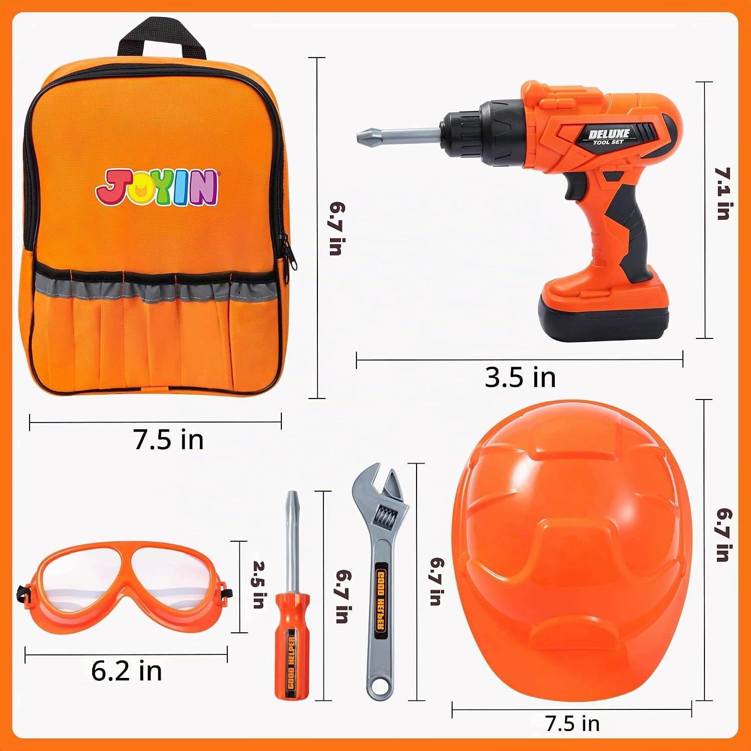 mochila de herramientas de juguete con taladro eléctrico, casco y accesorios para niños