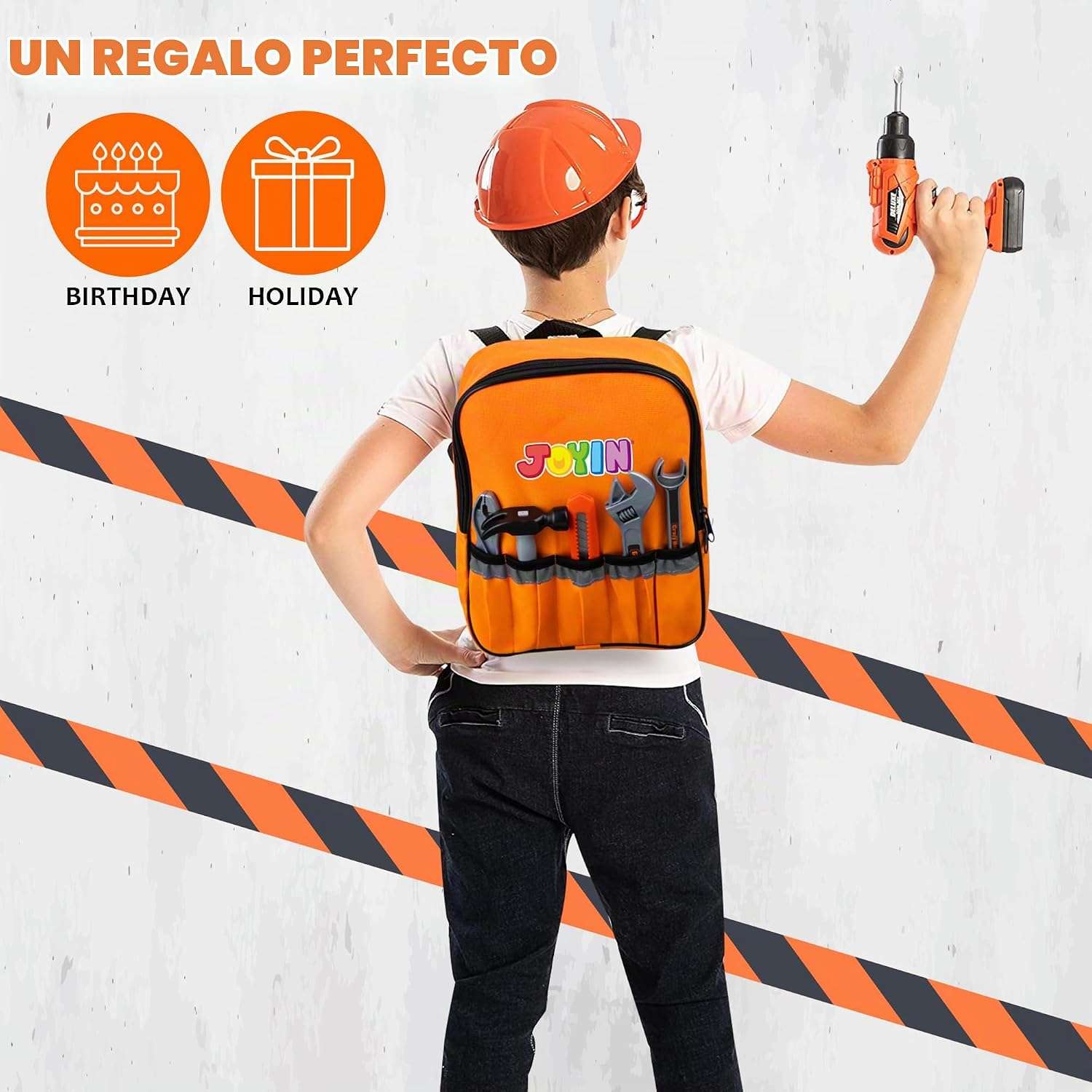 mochila de herramientas de juguete con taladro eléctrico, casco y accesorios para niños