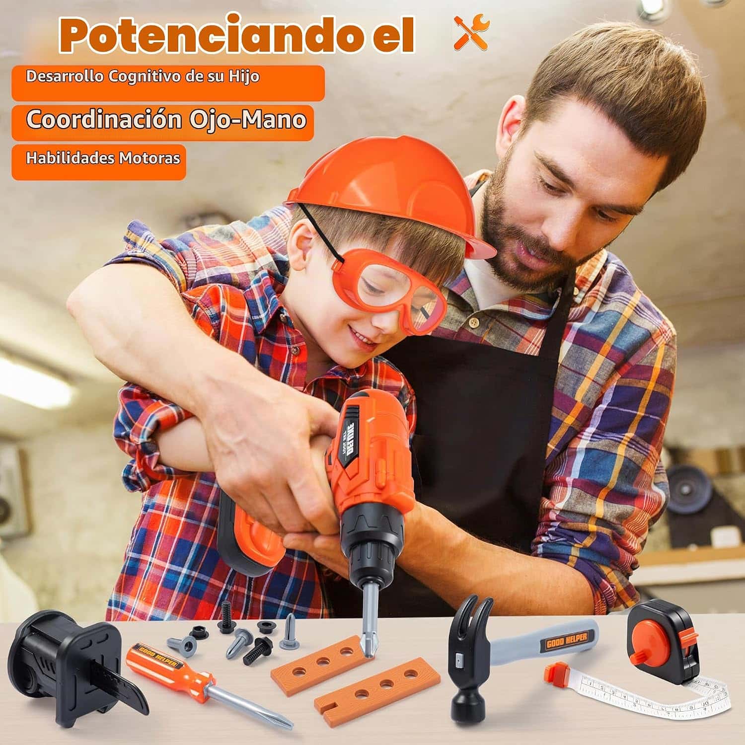 mochila de herramientas de juguete con taladro eléctrico, casco y accesorios para niños