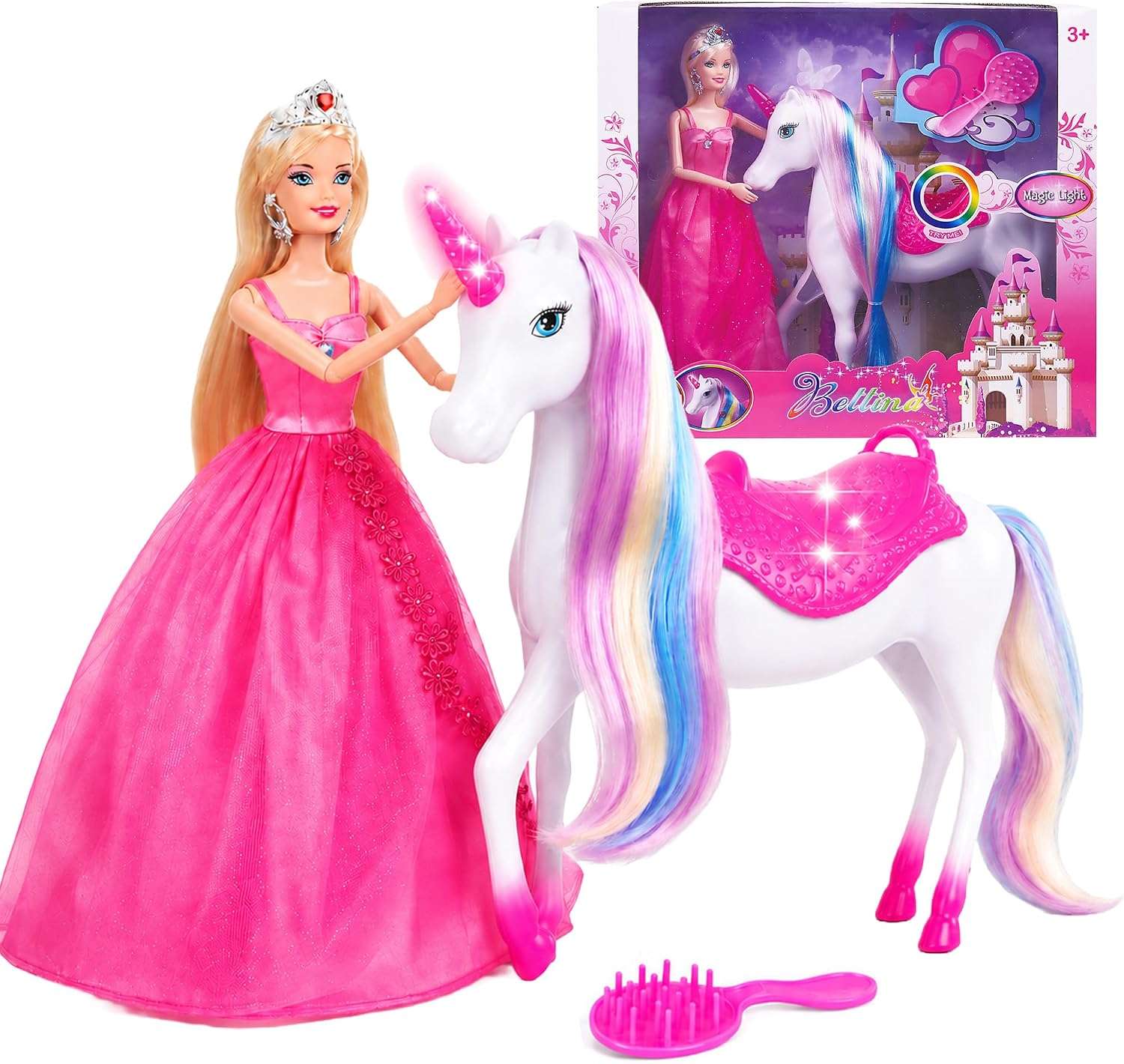 muñeca de princesa con unicornio iluminado, cepillo y accesorios para niñas