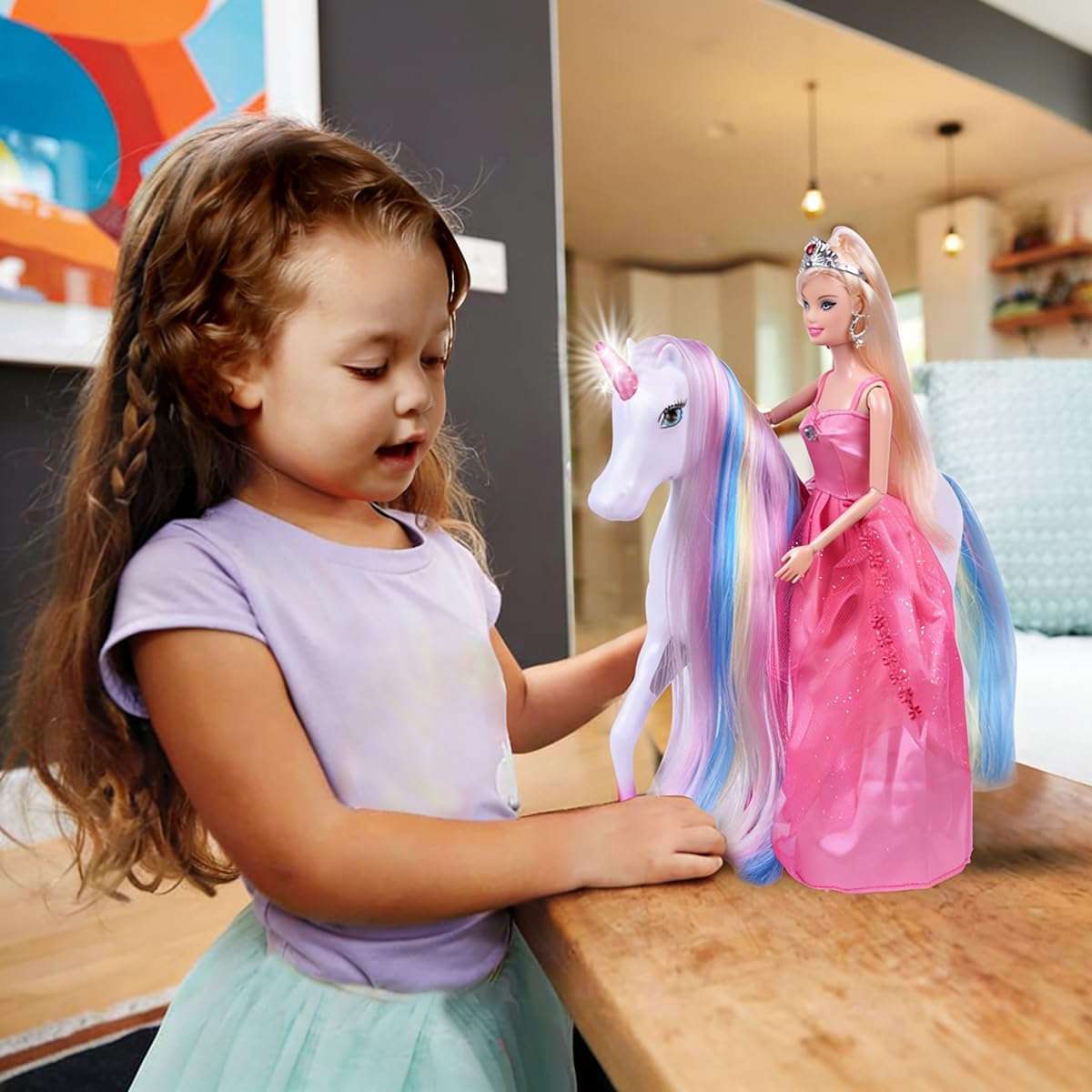 muñeca de princesa con unicornio iluminado, cepillo y accesorios para niñas