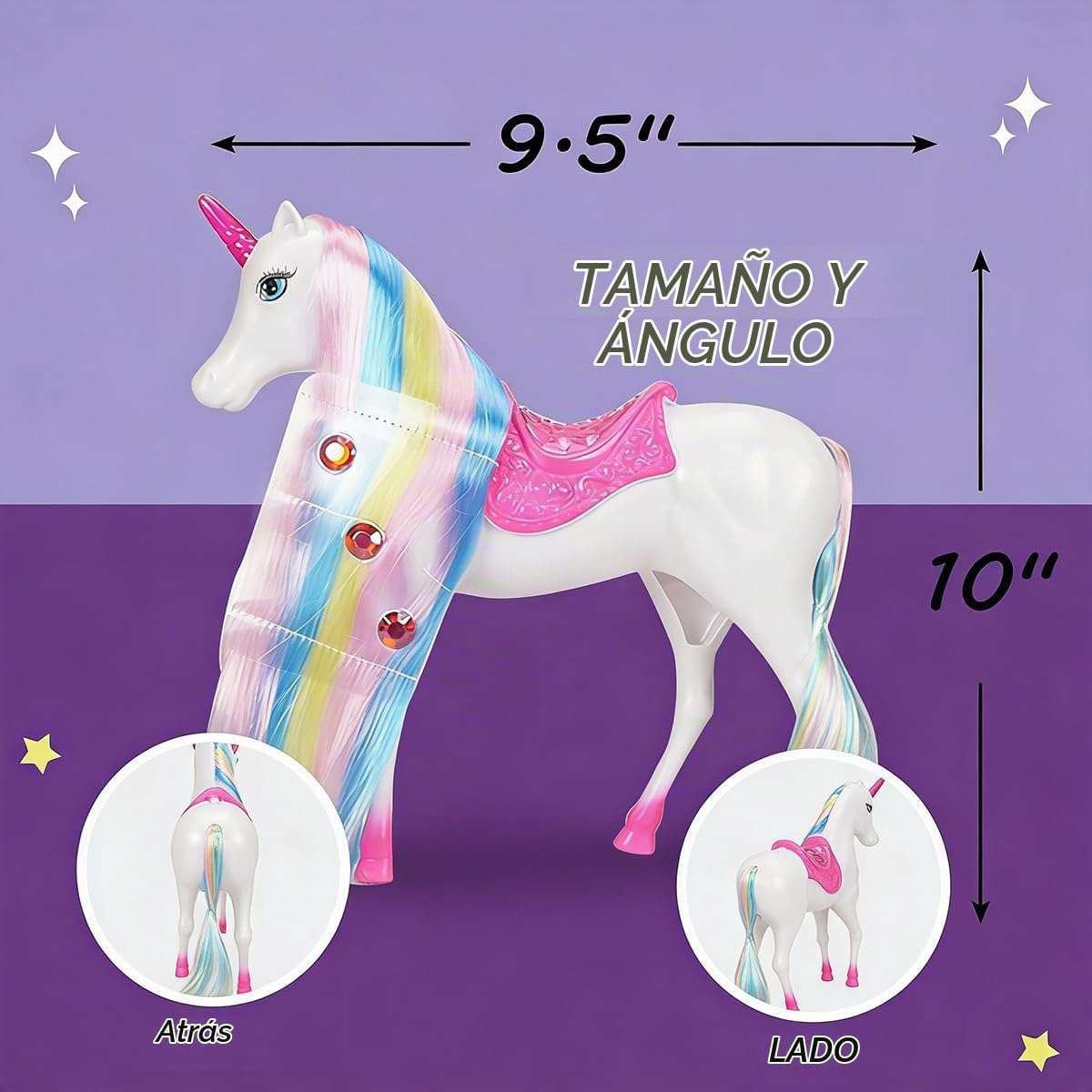 muñeca de princesa con unicornio iluminado, cepillo y accesorios para niñas