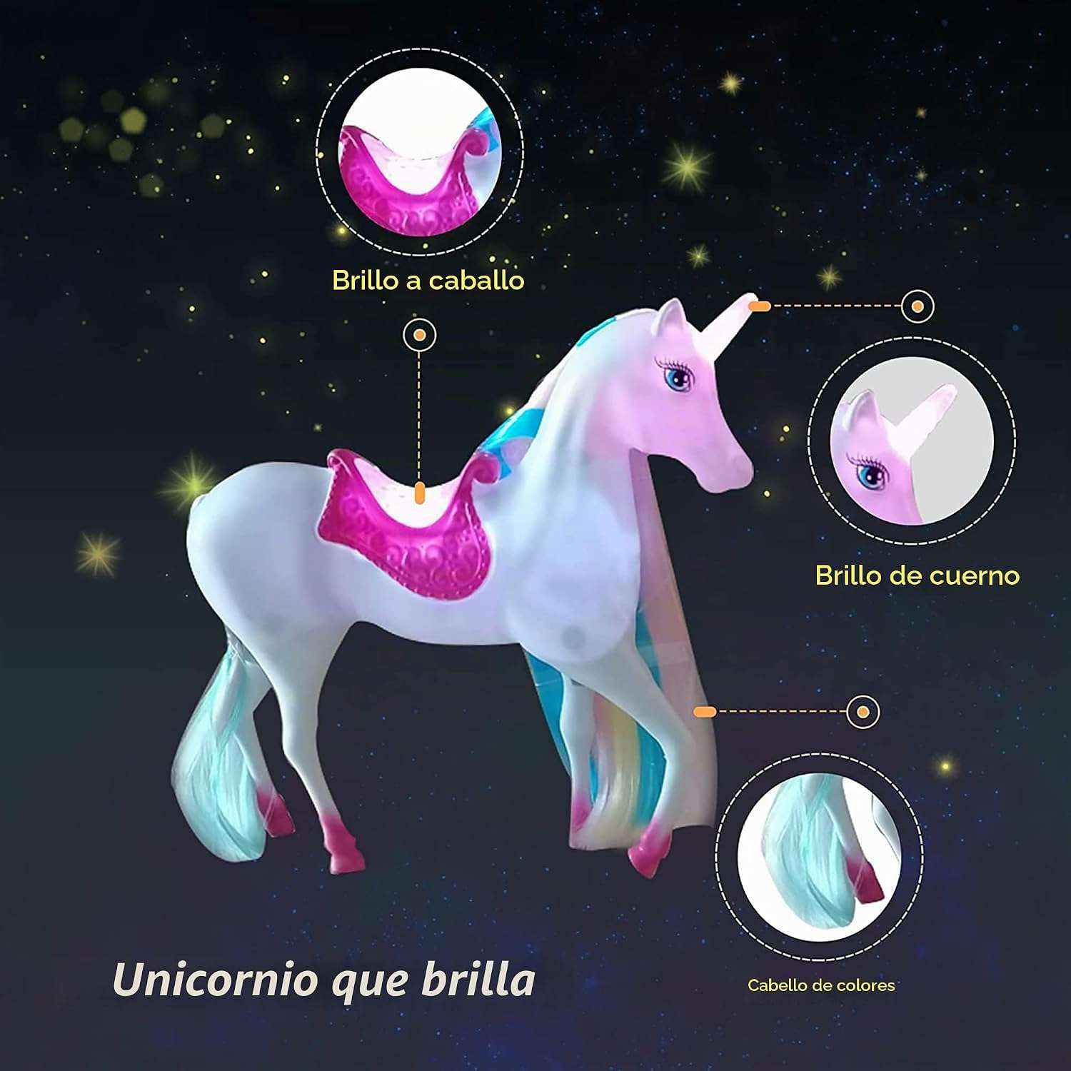 muñeca de princesa con unicornio iluminado, cepillo y accesorios para niñas