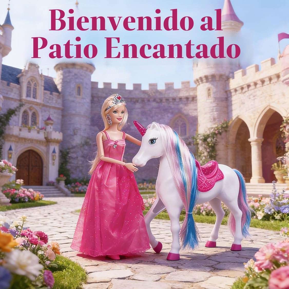 muñeca de princesa con unicornio iluminado, cepillo y accesorios para niñas