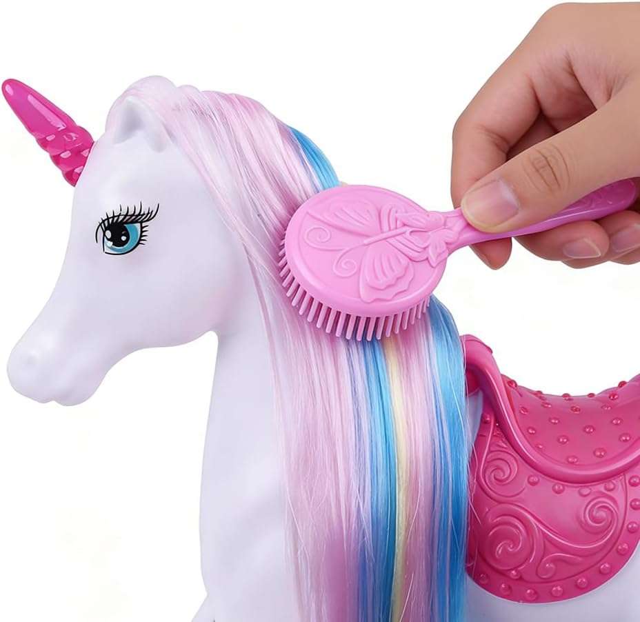 muñeca de princesa con unicornio iluminado, cepillo y accesorios para niñas