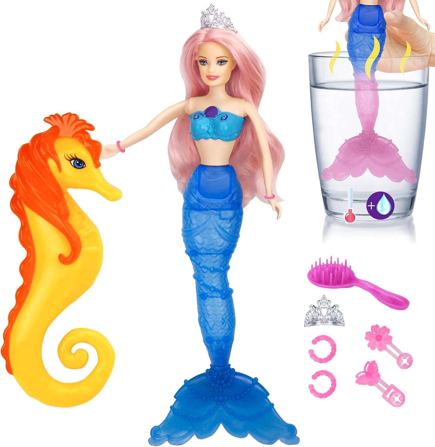muñeca sirena que cambia de color con caballito de mar y accesorios para niñas