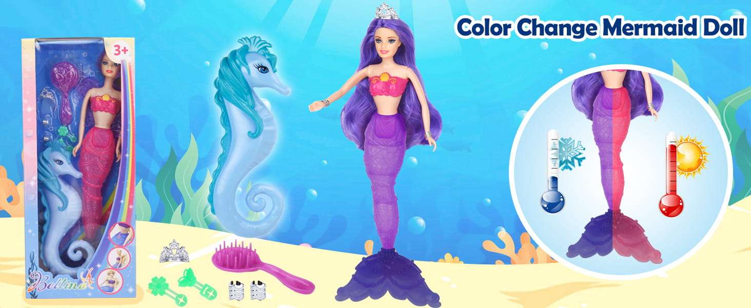 muñeca sirena que cambia de color con caballito de mar y accesorios para niñas