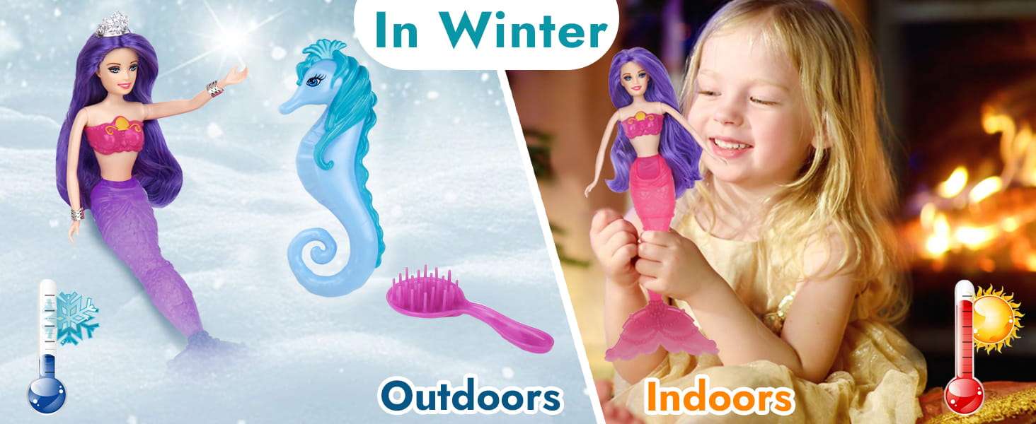 muñeca sirena que cambia de color con caballito de mar y accesorios para niñas
