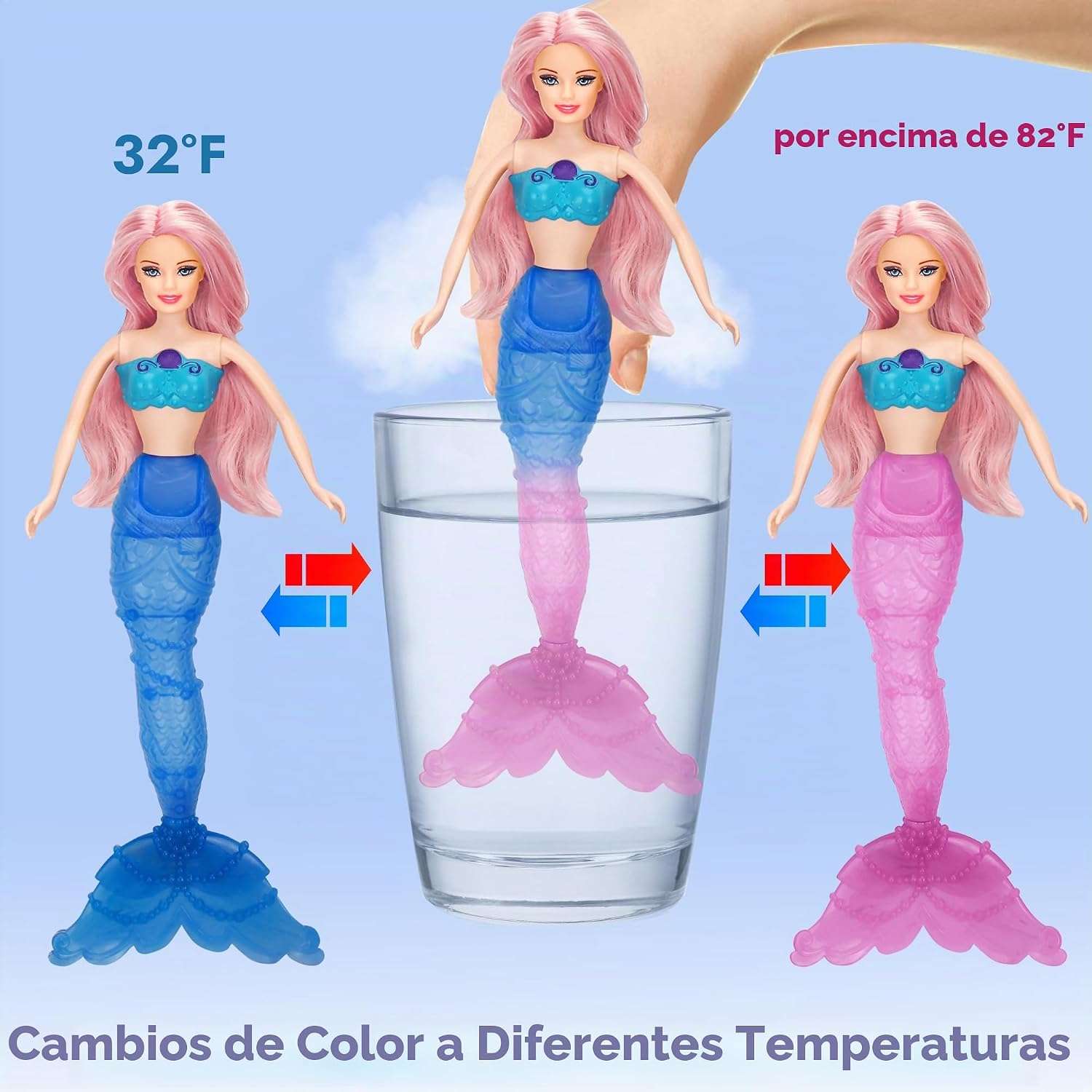 muñeca sirena que cambia de color con caballito de mar y accesorios para niñas
