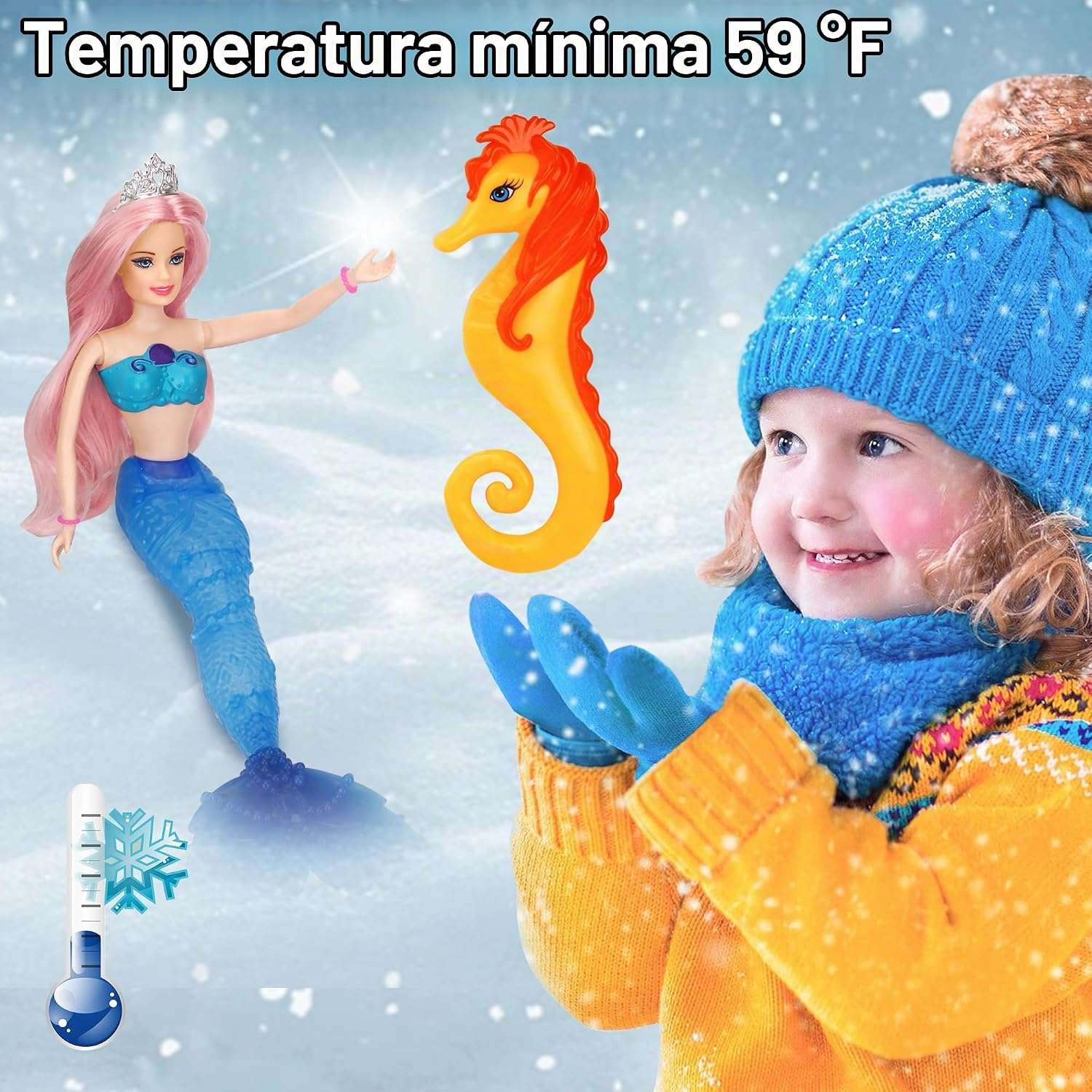 muñeca sirena que cambia de color con caballito de mar y accesorios para niñas