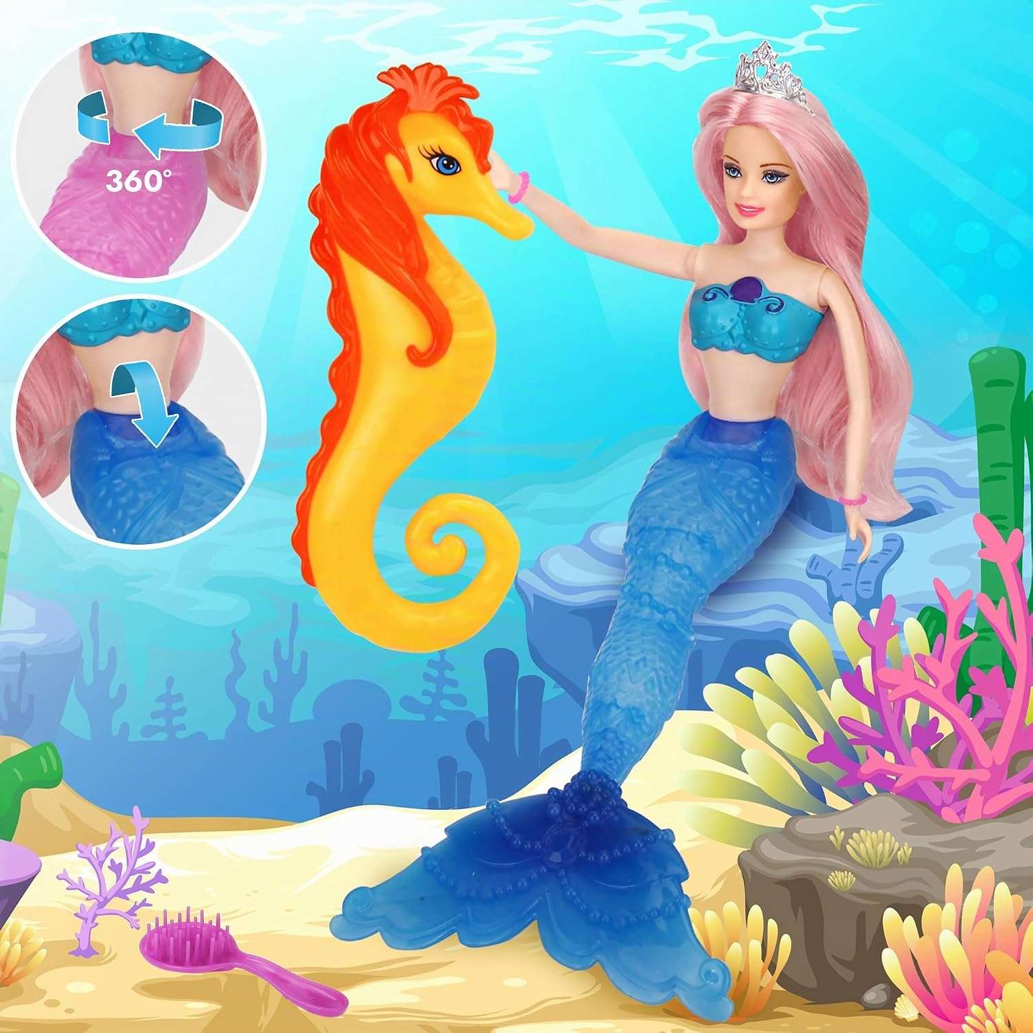 muñeca sirena que cambia de color con caballito de mar y accesorios para niñas