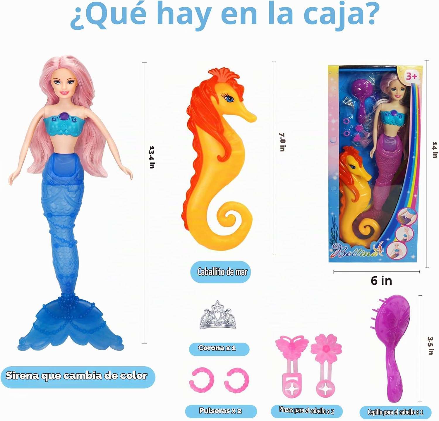 muñeca sirena que cambia de color con caballito de mar y accesorios para niñas