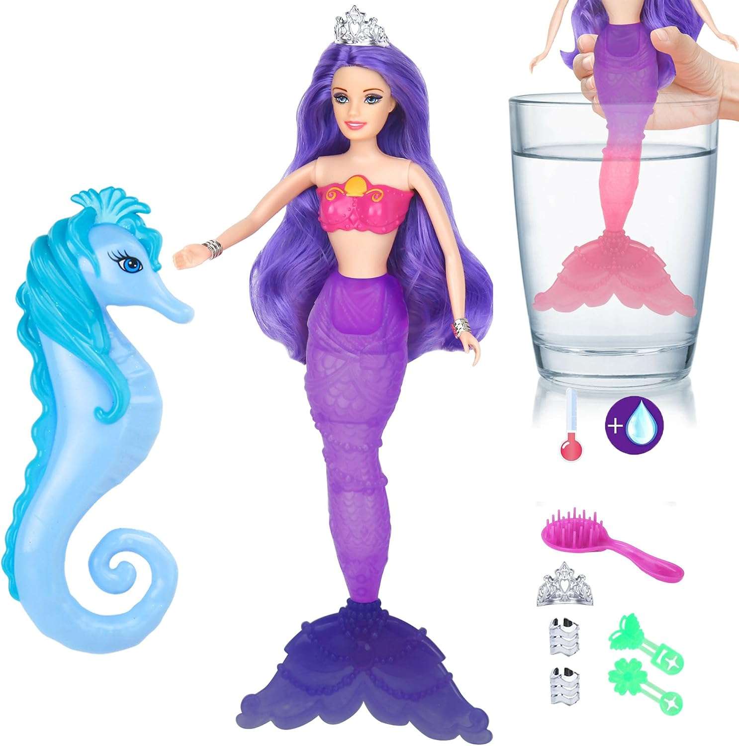 muñeca sirena que cambia de color con caballito de mar y accesorios para niñas