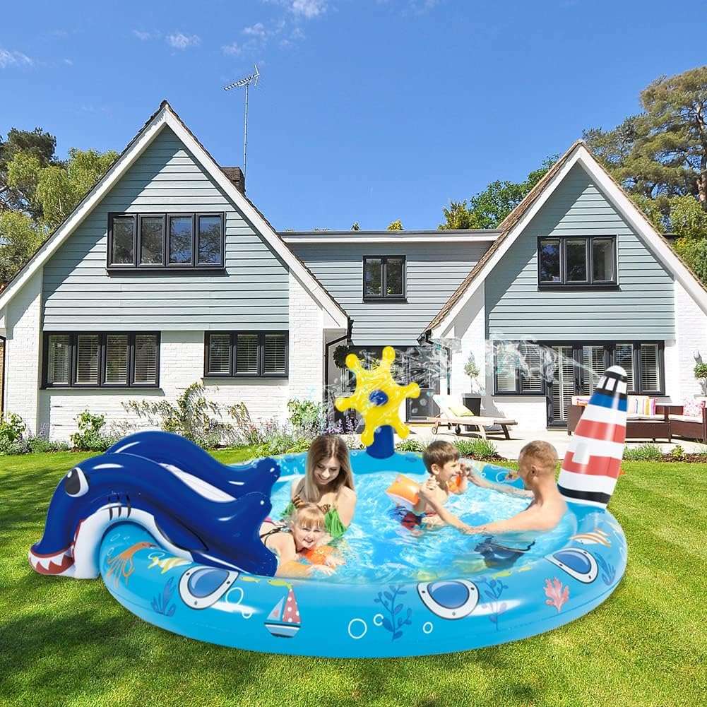 centro de juegos inflable de vida marina con tobogán y rociador para niños