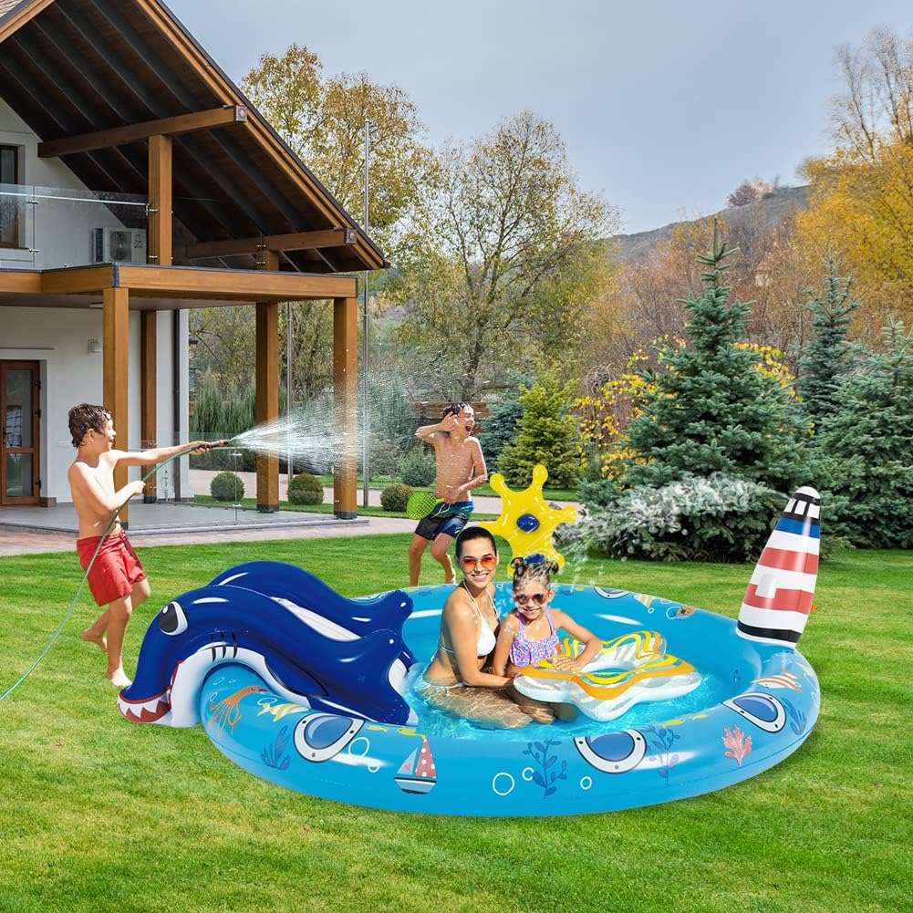 centro de juegos inflable de vida marina con tobogán y rociador para niños