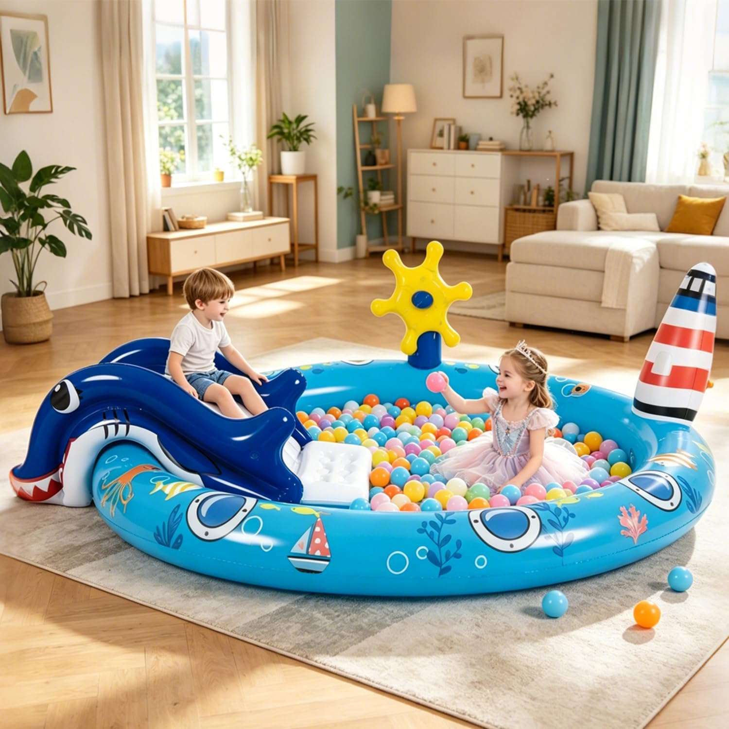 centro de juegos inflable de vida marina con tobogán y rociador para niños