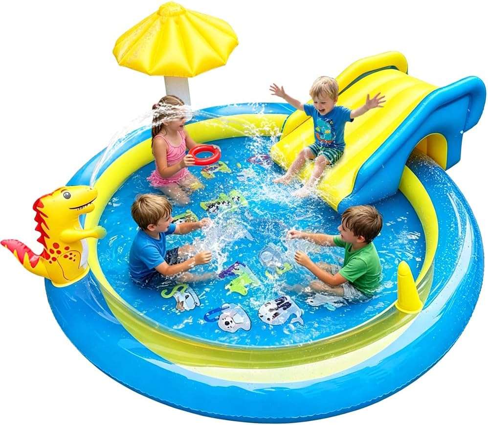centro de juegos inflable de dinosaurios con tobogán y aspersor para niños