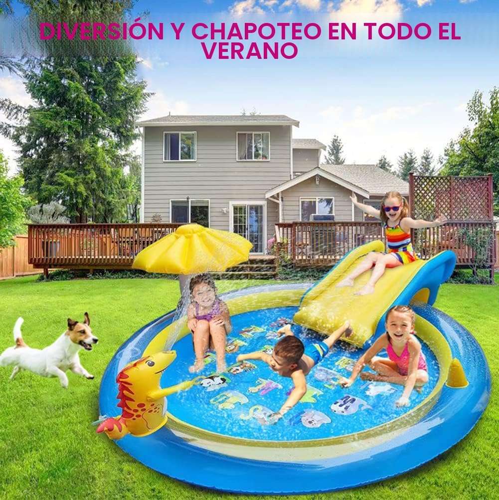 centro de juegos inflable de dinosaurios con tobogán y aspersor para niños