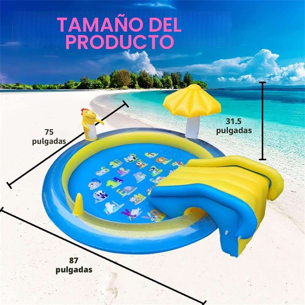 centro de juegos inflable de dinosaurios con tobogán y aspersor para niños