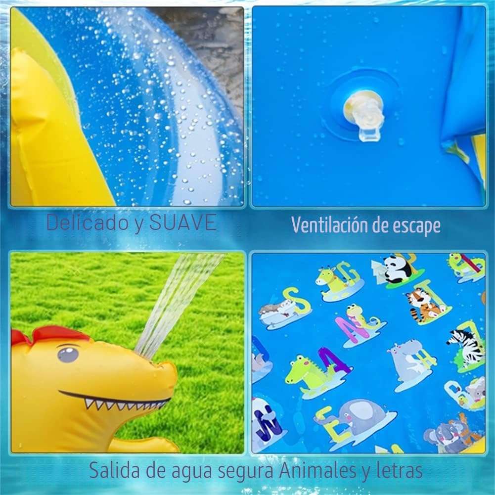 centro de juegos inflable de dinosaurios con tobogán y aspersor para niños