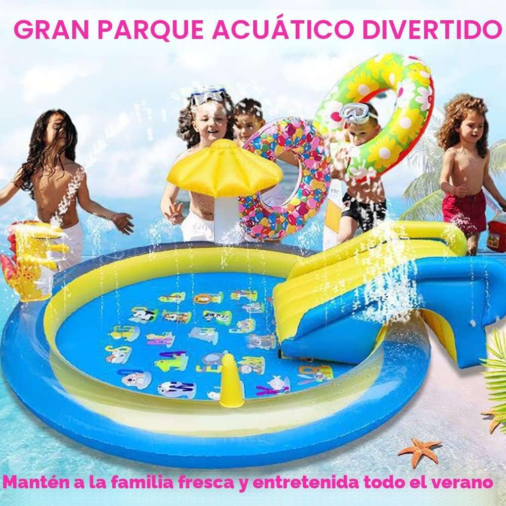 centro de juegos inflable de dinosaurios con tobogán y aspersor para niños