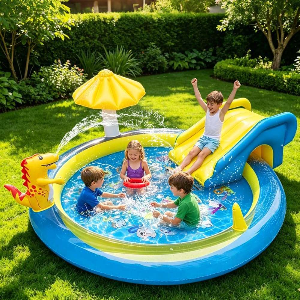 centro de juegos inflable de dinosaurios con tobogán y aspersor para niños